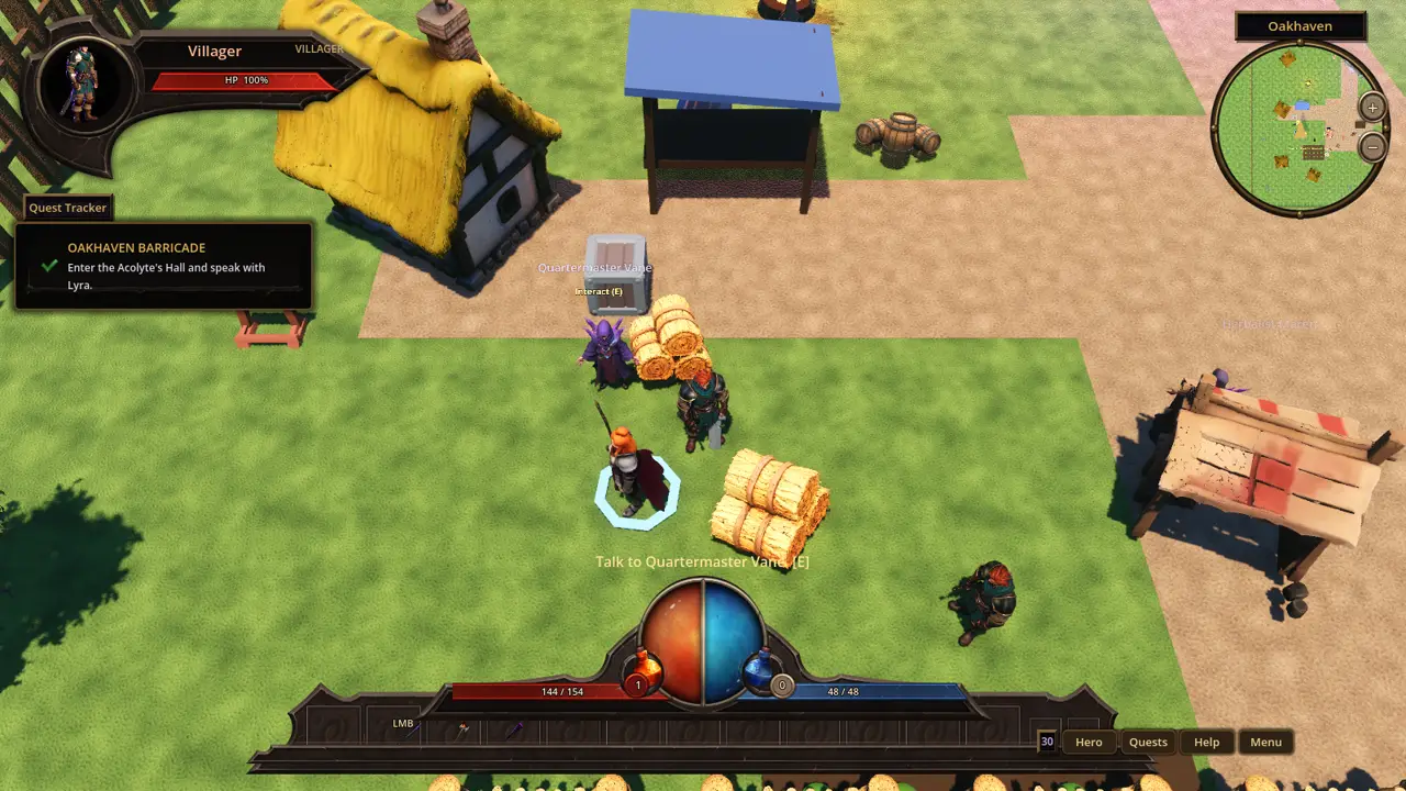 Gameplay in Oakhaven Barricade: a hero stands in the village beside Quartermaster Vane, with a quest tracker, minimap and potion belt on screen.